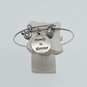 BRIGHTON "Family Is Forever" Expandable Bangle Charm Bracelet Silver Plate 8.25"